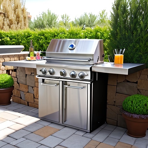 stainless steel BBQ grill on a brick patio next to a stone wall.