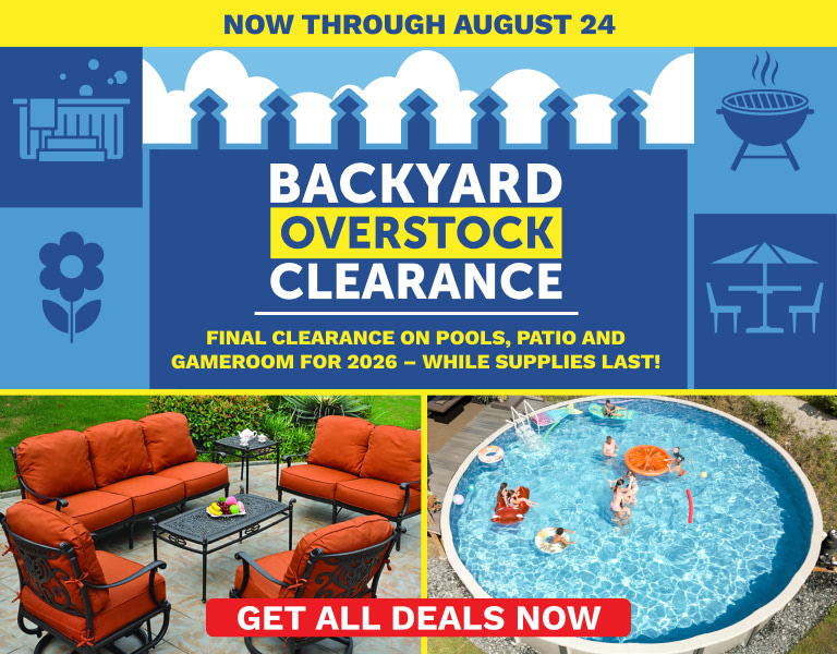 Promotional banner for Backyard Overstock Clearance with outdoor furniture and a round pool, urging users to get deals now; date runs through August 24.