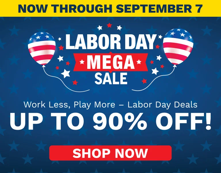 Promotional poster: blue background with stars, a yellow banner at the top reading 'NOW THROUGH SEPTEMBER 7', 'LABOR DAY MEGA SALE' with red balloons, and large 'UP TO 90% OFF!' followed by a red 'SHOP NOW' button.